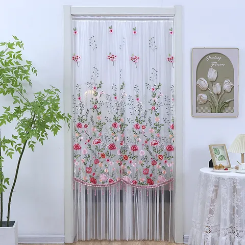 Floral Bestickt Transparenter Türvorhang Polyester Netz Langer Trennvorhang Für Schlafzimmer Und Wohnzimmer Heimdekoration