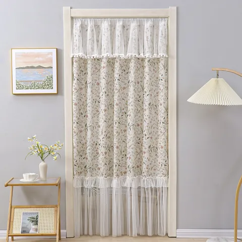 Vintage Floral Door Curtain Lace Patchwork Tassel Room Divider Privacy Shading Curtain for Bedroom Living Room Hallway Home Decor