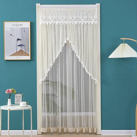 Lace Door Curtain Anti-Mosquito Mesh Curtain Floral Embroidery Tassel Home Decor Bedroom Porch