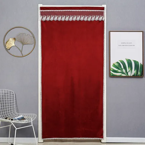 Modern Solid Color Velvet Door Curtain With Lace Trim Blackout Room Divider Curtain For Living Room Bedroom