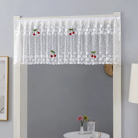 White Lace Short Curtain For Kitchen Cabinet Door Transparent Mesh Floral Partition Curtain