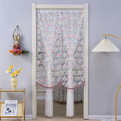Floral Lace Door Curtain Double Layer Mesh Bedroom Privacy Divider Anti-Mosquito Tassel Home Decor