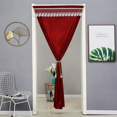 Modern Solid Color Velvet Door Curtain With Lace Trim Blackout Room Divider Curtain For Living Room Bedroom