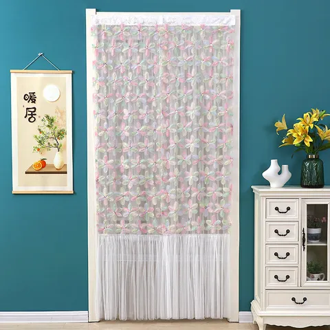 Floral Lace Door Curtain Anti-Mosquito Mesh Partition Curtain Fresh Style Home Bedroom Decorative Door Curtain