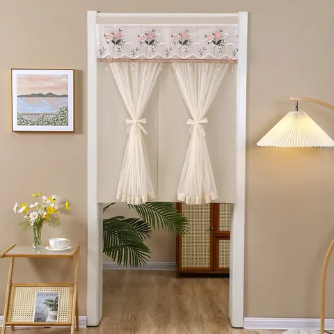 Half Door Curtain Floral Embroidery Sheer Double Layer Curtain With Velcro For Kitchen Toilet Home Decor