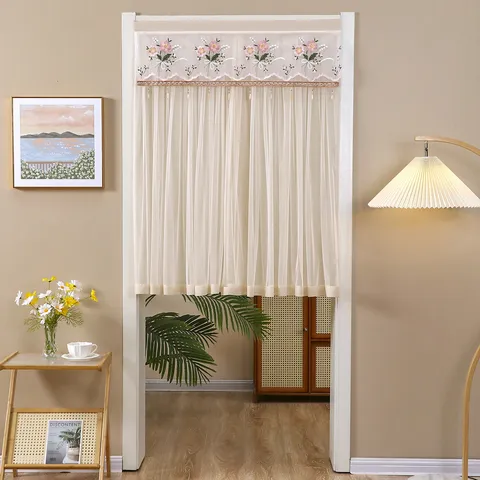Half Door Curtain Floral Embroidery Sheer Double Layer Curtain With Velcro For Kitchen Toilet Home Decor