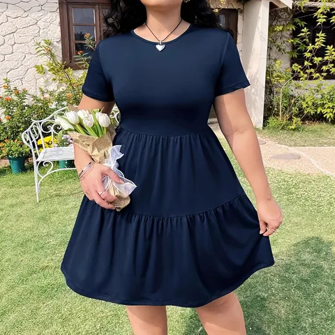 Women's Casual Solid Color Short Sleeve Crew Neck Tiered Ruffle Hem Midi Dress Plus Size Fashion Clothing