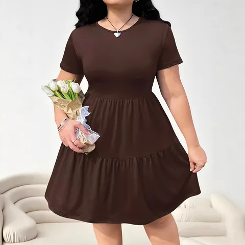 Women's Casual Solid Color Short Sleeve Crew Neck Tiered Ruffle Hem Midi Dress Plus Size Fashion Clothing