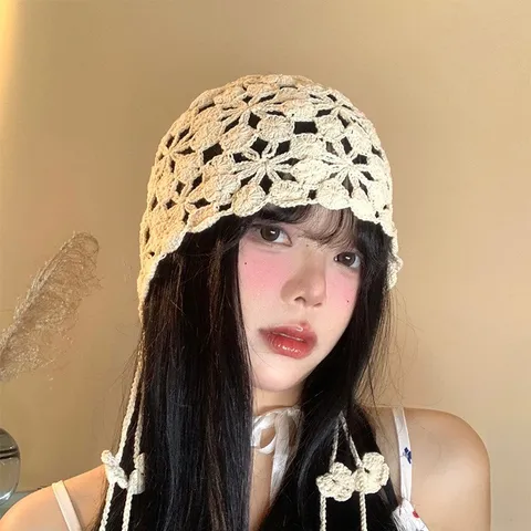 Women Boho Cotton Knit Hollow Out Floral Beanie Hat Tassel Pendant Breathable Handcrafted Casual Daily Headwear