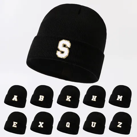 Winter Warm Acrylic Knit Beanie Hat Black Casual Cuffless Cap With Embroidered Letter Patch For Men Women