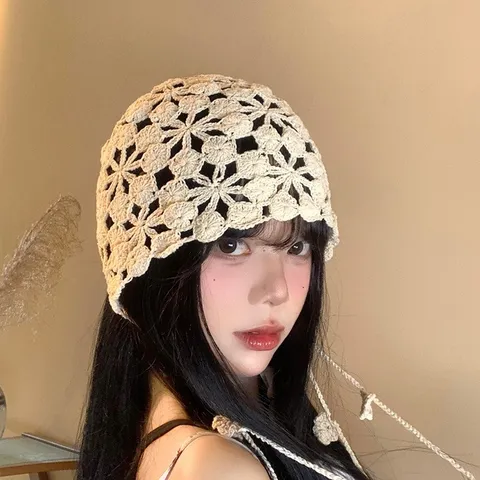 Women Boho Cotton Knit Hollow Out Floral Beanie Hat Tassel Pendant Breathable Handcrafted Casual Daily Headwear