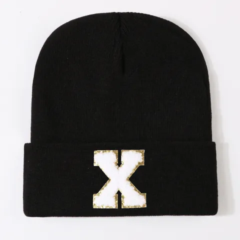 Winter Warm Acrylic Knit Beanie Hat Black Casual Cuffless Cap With Embroidered Letter Patch For Men Women