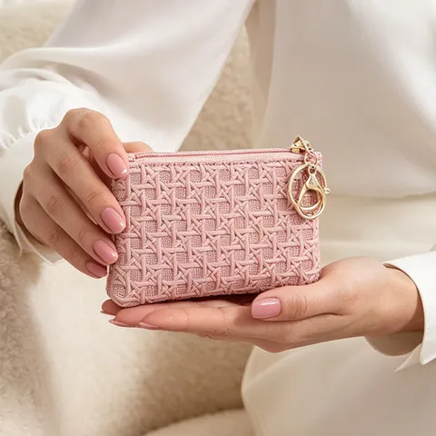 Mini Woven Coin Purse Women Fashion Small Wallet Keychain Storage Bag Minimalist PU Leather Card Holder Pouch