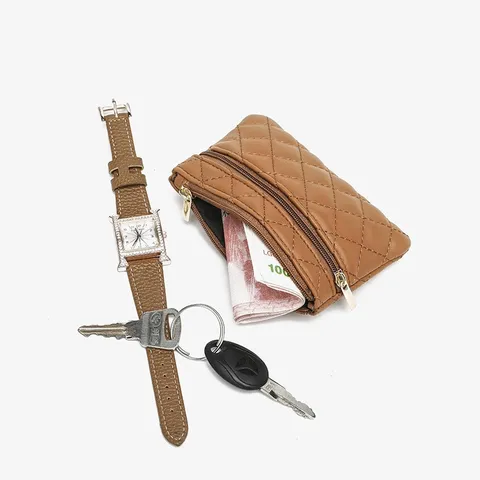 Women PU Leather Quilted Double Zipper Coin Purse Small Wallet Card Holder