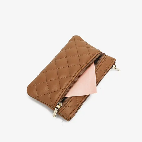 Women PU Leather Quilted Double Zipper Coin Purse Small Wallet Card Holder