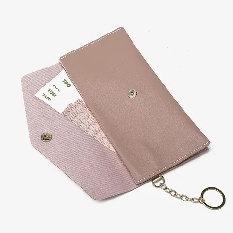 PU Leather Long Envelope Wallet Portable Coin Purse Card Holder With Metal Chain Key Ring Daily Fashion Clutch Bag