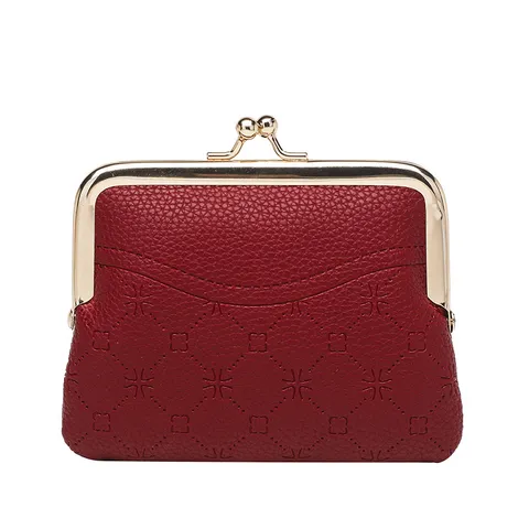 Retro Women Coin Purse PU Leather Kiss Lock Small Wallet Clover Embossed Change Holder Card Key Pouch Handbag