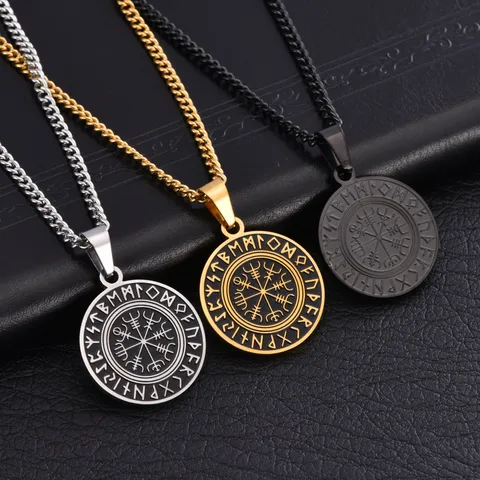 Retro Nordic Viking Rune Compass Round Pendant Stainless Steel Punk Necklace Vegvisir Symbol Jewelry For Men Daily Wear