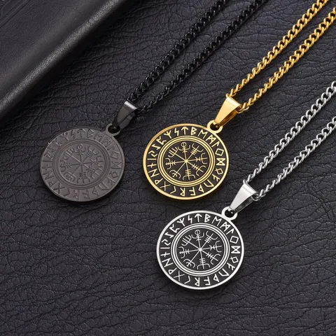 Retro Nordic Viking Rune Compass Round Pendant Stainless Steel Punk Necklace Vegvisir Symbol Jewelry For Men Daily Wear