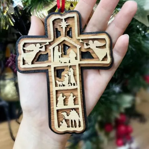 Adorno Colgante Cruz Árbol de Navidad Madera Multicapa Escena del Nacimiento Corte Láser Decoración Religiosa para Hogar Oficina