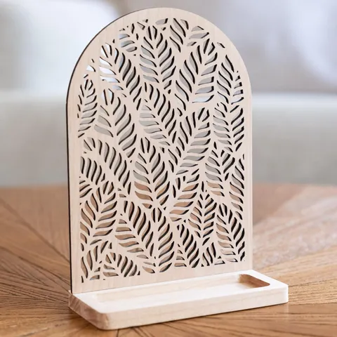 Boho Holz Ohrring Ständer Hohl Lasergeschnitten Blattmuster Bogen Schmuckhalter Desktop Ring Aufbewahrungstablett Basis Deko