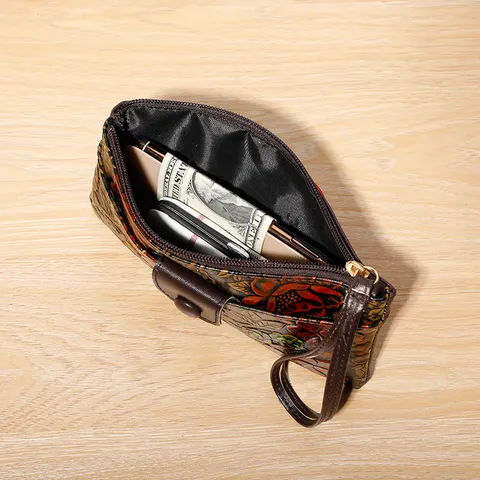 Women Retro Floral Embossed PU Leather Long Wallet Clutch Zip Around Purse Handbag
