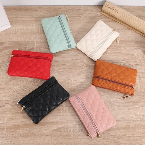 Women Quilted PU Leather Coin Purse Mini Double Zipper Change Pouch Small Wallet Card Holder For Daily Life