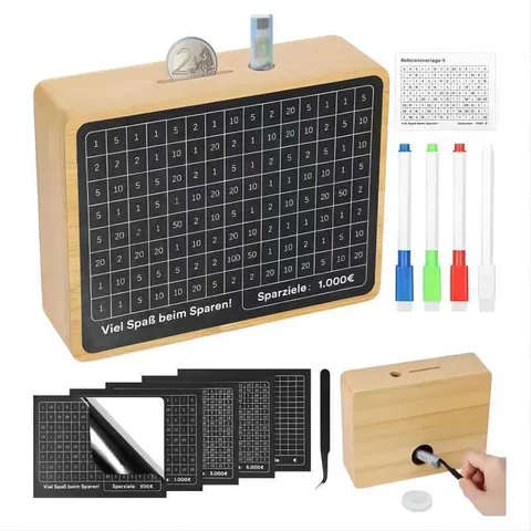 Hucha de Madera Integrada Cuadrícula de Desafío de Ahorro Pegatinas Bolígrafos de Colores Rastreador de Metas Regalo