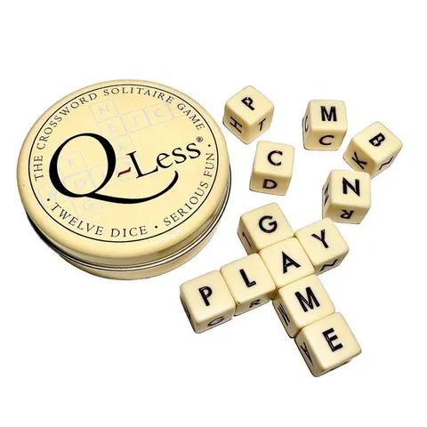 Q-Less Kreuzworträtsel Solitär Spiel Zwölf Würfel Solo Worträtsel Tragbare Metalldose Lernspielzeug Reise Brettspiel
