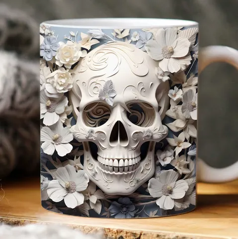 3D Totenkopf Keramik Kaffeetasse Gothic Halloween Horror Geschenk Bedrucktes Blumenmuster Teetasse Für Büro Zuhause Deko Schedel Mok