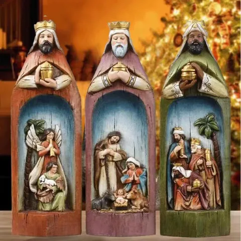 Resin Christmas Nativity Scene Wise Men Kings Figurines Vintage Hand Painted Religious Manger Statues For Home Garden Decor