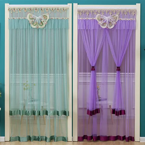 Lace Door Curtain Double Layer Mesh Anti-Mosquito Divider Curtain With Bowknot Decoration For Living Room Bedroom Home Decor
