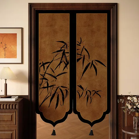 Nieuwe Chinese Stijl GedeDEELD Deurgordijn Bamboe Bloem Vogel Print Stof Scheidingsgordijn met Stang Kwast Woondecoratie