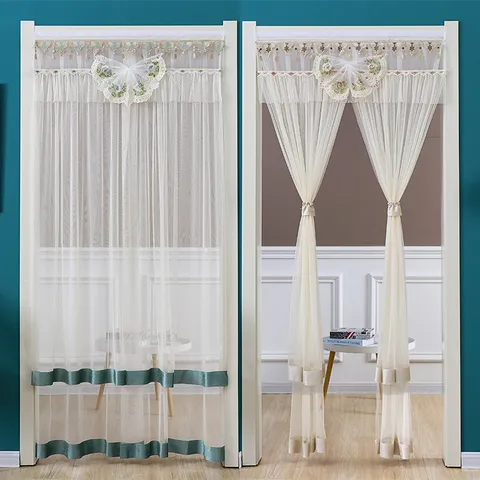 Lace Door Curtain Double Layer Mesh Anti-Mosquito Divider Curtain With Bowknot Decoration For Living Room Bedroom Home Decor