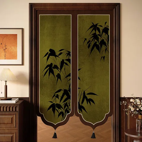 Nieuwe Chinese Stijl GedeDEELD Deurgordijn Bamboe Bloem Vogel Print Stof Scheidingsgordijn met Stang Kwast Woondecoratie