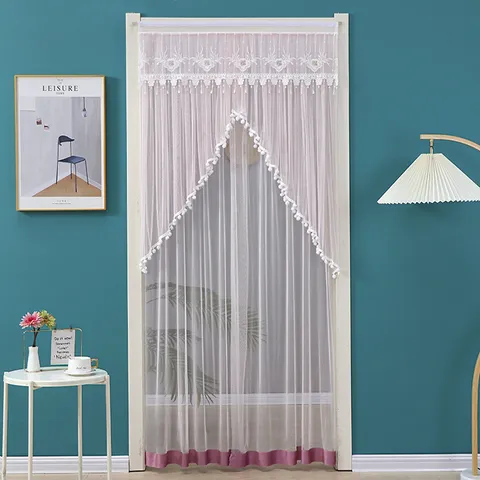 Lace Door Curtain Anti-Mosquito Mesh Curtain Floral Embroidery Tassel Home Decor Bedroom Porch