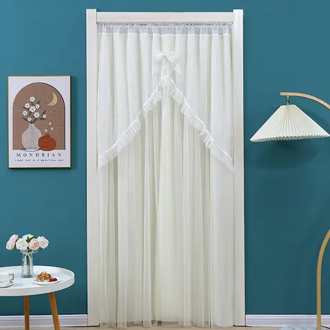 Double Layer Lace Door Curtain Opaque Room Divider Anti Mosquito with Bowknot for Bedroom Living Room Home Decor