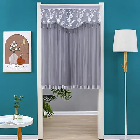 Lace Door Curtain Half Curtain Floral Embroidery Sheer Voile Valance With Beads Tassels For Bedroom Home Decor