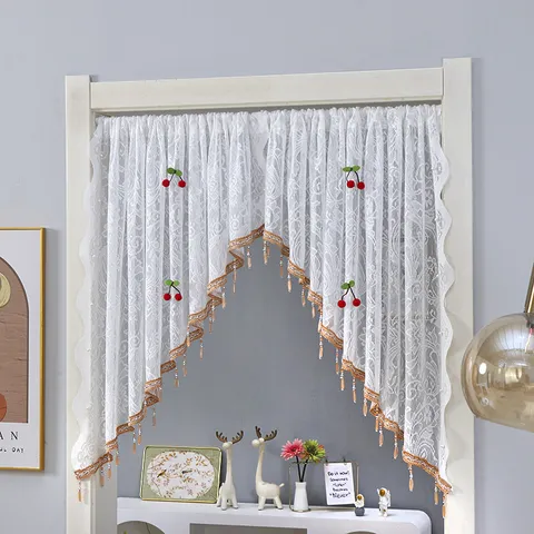 French Pastoral Style Lace Door Curtain Cherry Embroidery Tassel Valance Window Drape For Living Room Bedroom Home Decor