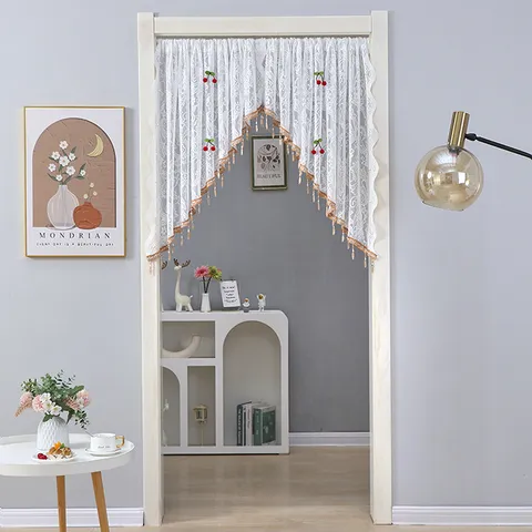 French Pastoral Style Lace Door Curtain Cherry Embroidery Tassel Valance Window Drape For Living Room Bedroom Home Decor