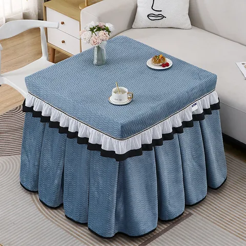 Cubierta de Mesa Calefactada de Peluche Espesada Cubierta Antipolvo Cuadrada con Dobladillo de Volantes Protector de Mesa de Té Cálido Decoración del Hogar