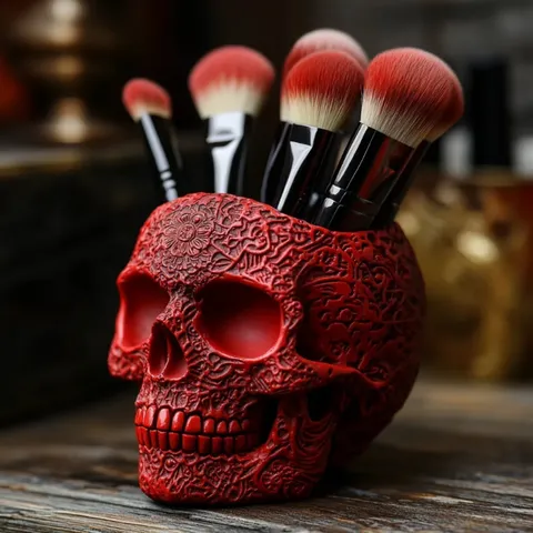 Porta Brochas de Maquillaje de Calavera en Relieve Estilo Barroco Resina Gótico Floral Tallado Organizador de Escritorio Decoración de Tocador