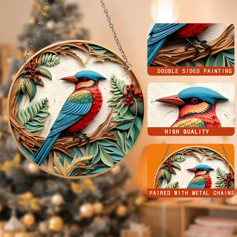Europäischer 3D Visueller Effekt Acryl Vogel Hängende Dekoration Doppelseitig Bedruckt Geschichteter Kardinal Suncatcher Plakette Mit Metallkette Für Zuhause Garten Wand Fenster Weihnachtsdeko