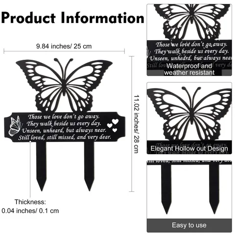 Garten-Gedenkstab Aus Schwarzem Metall Schmetterling Outdoor Friedhofsplakette Beileidsgeschenk Für Grabmarkierung Wasserdichtes Gartendekor Herz Kreuz Engel Design