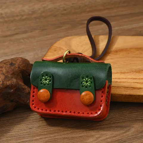 Custodia per AirPods in Pelle Bovina Artigianale Retro Pendente Blocchi di Colore Verde Rosso Mini Portamonete Portachiavi