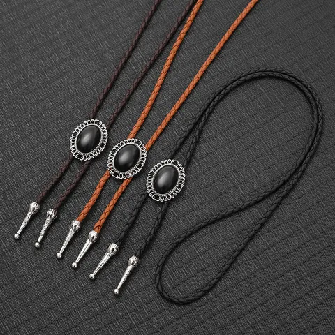 Vintage Western Cowboy Bolo Tie Ovaler Schwarzer Kunststein Eingelegter Legierung Anhänger Geflochtene PU Lederkordel Krawatte