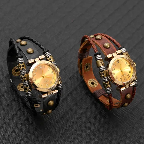 Vintage Synthetic Leather Bracelet Watch For Women Multi Layer Braided Rivet Decor Punk Style Round Dial Alloy Wristwatch Jewelry