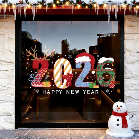 2026 Gelukkig Nieuwjaar 2027 Kerstmis Sneeuwvlok Statische Vensterstickers Feestelijke Glazen Deur Stickers Winkelpui Sfeer Decoratie