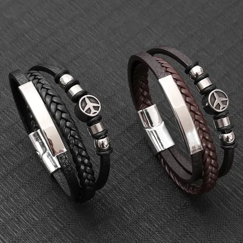 Herren Geflochtenes Kunstleder Armband Edelstahl Magnetverschluss Mehrlagig Geometrische Perlen Retro Stil Armreif Handschmuck Geschenk Für Männer