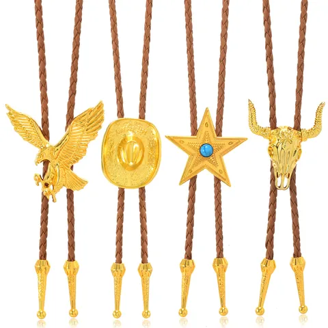 Vintage Western Cowboy Bolo Tie Alloy Metal Pendant Adjustable Braided PU Leather Rope Necklace Casual Unisex Jewelry Accessories